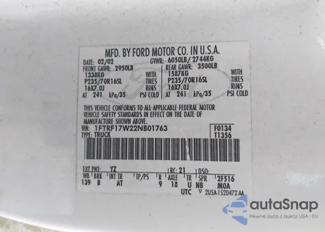 2002 Ford F-150 Xl/Xlt z USA, uszkodzony, nr VIN 1FTRF17W22NB01763